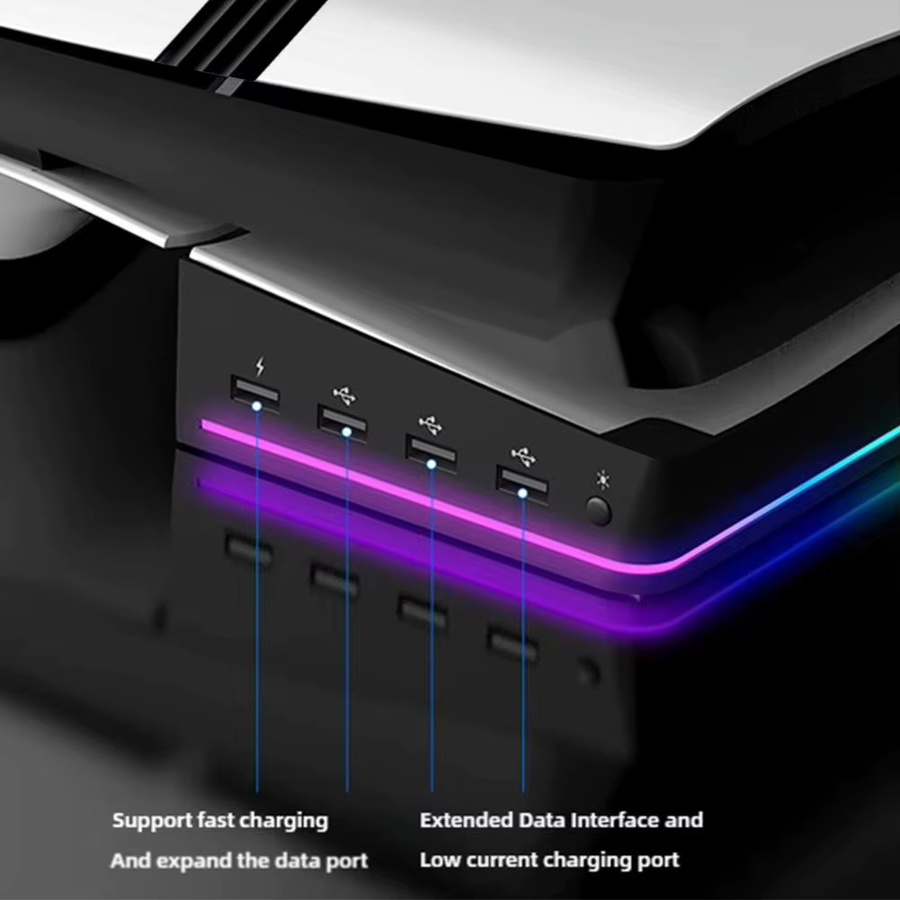 GEVBAY Horizontaler Aufbewahrungsständer für PS5 Pro mit digitalem und optischem Laufwerk, 14 Lichtmodi und 4 USB-Hubs, Weiß - Bild 4