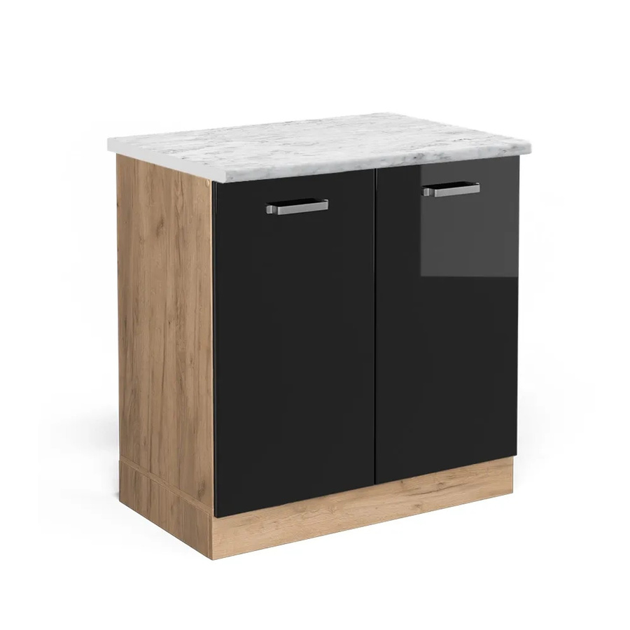 Vicco Spülenunterschrank R-Line in Schwarz Hochglanz und Goldkraft Eiche mit Marmor-Optik, Breite: 80 cm, Höhe: 81,6 cm, Tiefe: 46 cm - Bild 2