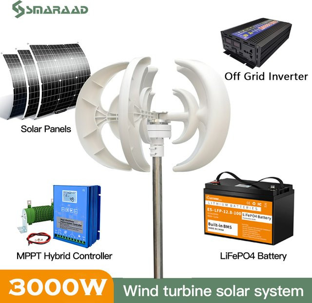 SMARAAD Windkraftanlage 3000W Windturbinen-Generator mit MPTT-Controller und Solarpanel für netzunabhängige 220V-Systeme, Weiß, B/T/H: 85,0 x 60,0 cm - Bild 1