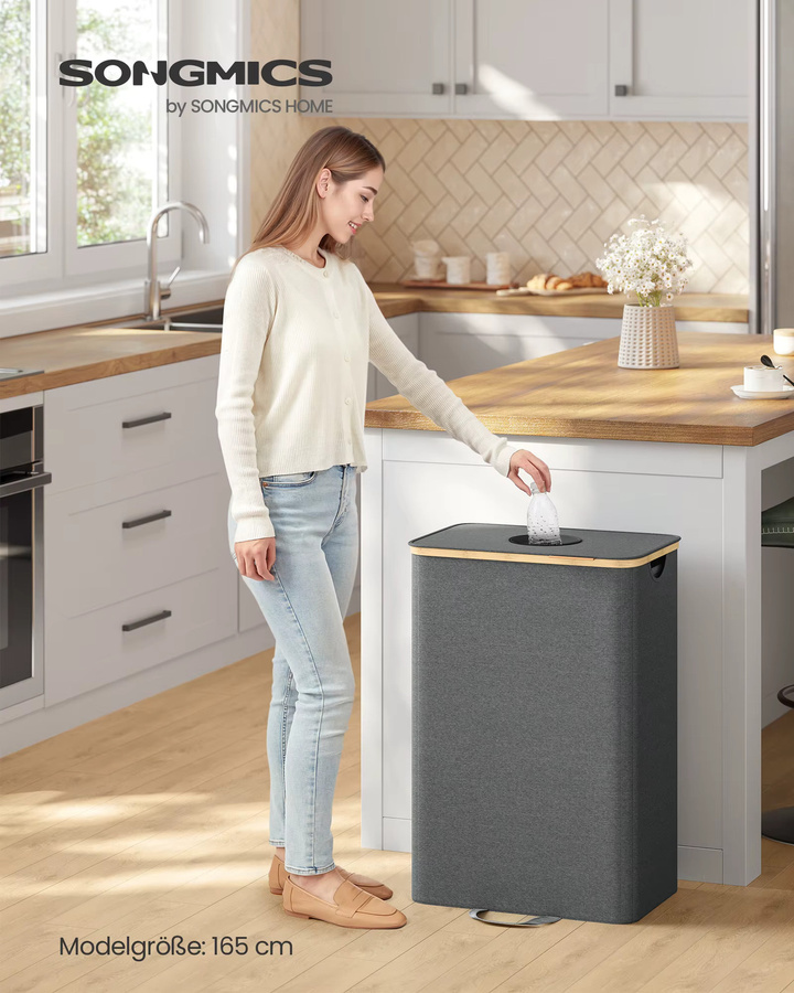 SONGMICS Flaschencontainer mit Deckel und Innensack, Recycling-Behälter für die Küche, grau-beige, Volumen: 100 l, B: 42,0 cm, T: 70,5 cm, H: 42,0 cm - Bild 2