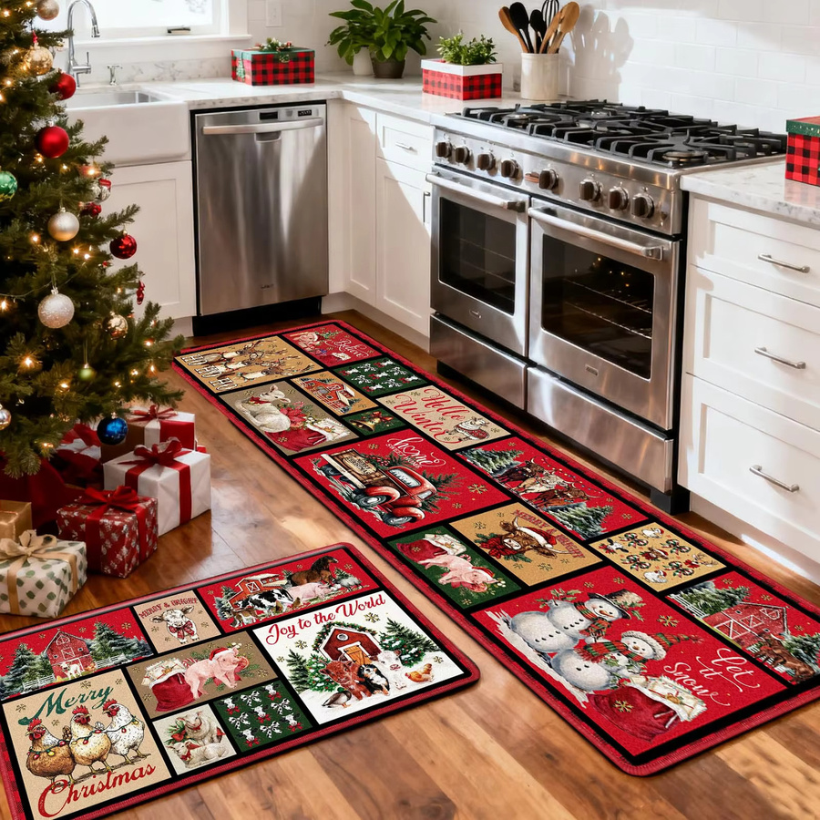 VIKAMA 2-teiliges Weihnachtsteppich-Set im amerikanischen Stil, rutschfeste Druckteppiche in Multicolor für Wohnzimmer, Schlafzimmer und Küche - Bild 3