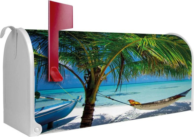 Banjado Amerikanischer Briefkasten in Weiß mit Strandmotiv aus pulverbeschichtetem Stahl, B/T/H: 48 x 22 x 16 cm - Bild 1