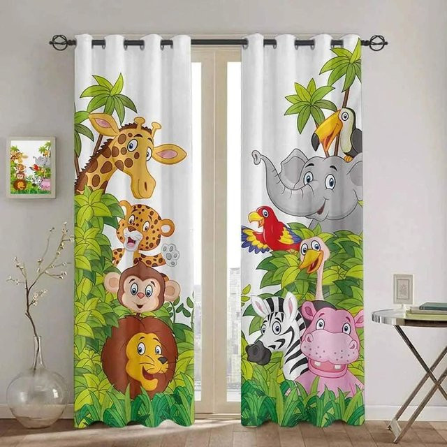 Safari Tier Vorhänge für Kinder mit 3D-Druck Löwe und Elefant, Set aus 2 Stück, halbtransparent, Mehrfarbig, Breite: 60 cm, Höhe: 60 cm - Bild 1