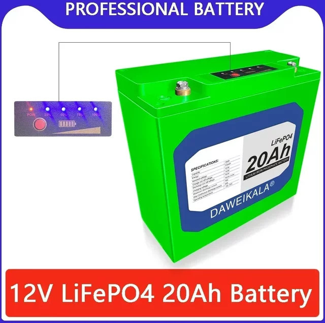 DAWEIKALA 12V 20Ah LiFePO4 Deep Cycle Lithiumbatterie mit 30A BMS und Leistungsanzeige in Grün - Bild 1