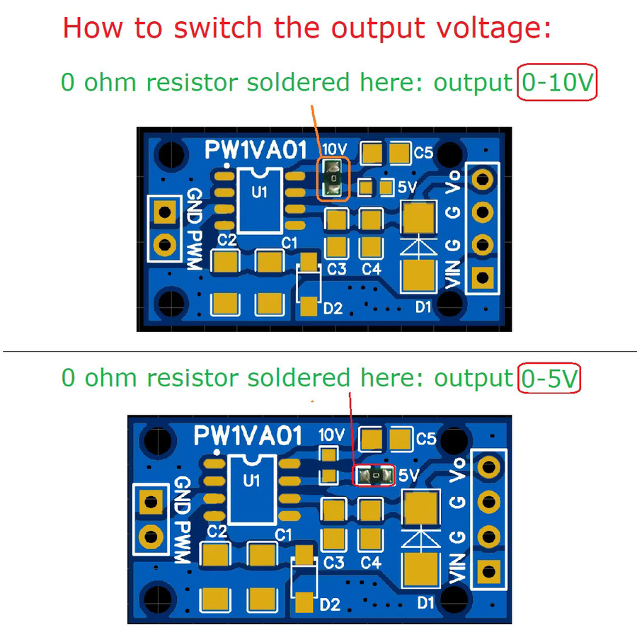eletechsup PW1VA01 PWM-zu-DAC-Konverter für Arduino UNO MEGA und PLC zur Umwandlung von 0-100% Impulssignalen in 0-5V oder 0-10V Spannungsausgang in Grün - Bild 5