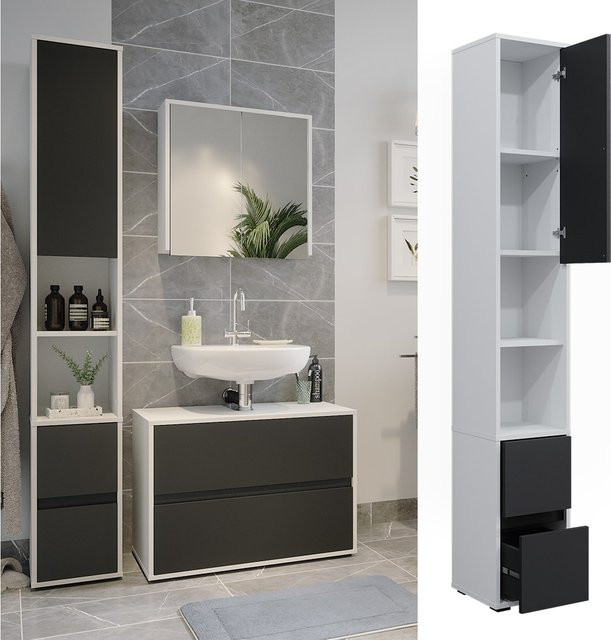 Vicco Hochschrank Maltin Badezimmer in Weiß und Anthrazit mit Türen und Schubladen B/T/H: 30,1 x 30,1 x 189 cm - Bild 1