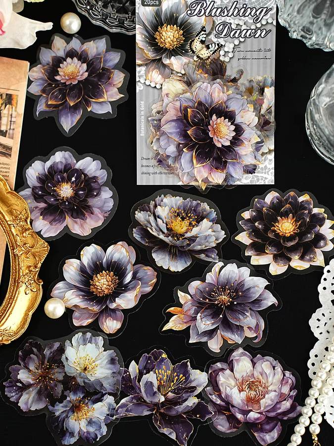 Etori Life Ink Night Dream Vintage Aufkleber-Set mit Blumenmuster und Haustieren, 20 Stück, Schwarz-Gold - Bild 6
