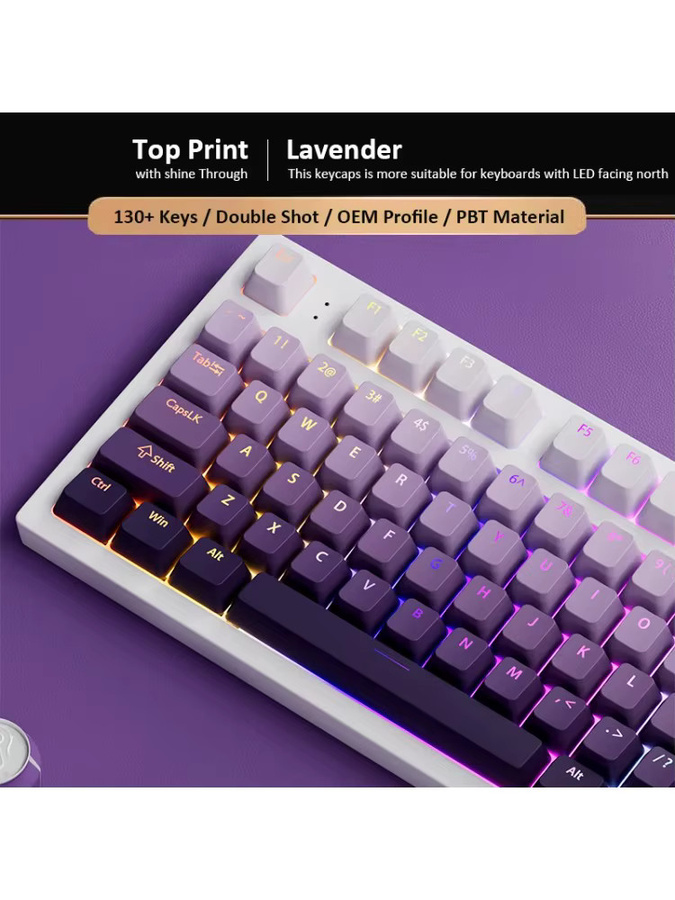 PBT Double Shot Tastenkappen Set mit 134 Tasten in Lavendel-Lila und Schwarz, OEM-Profil, transluzent, passend für mechanische Gamer-Tastaturen mit MX Switches - Bild 5