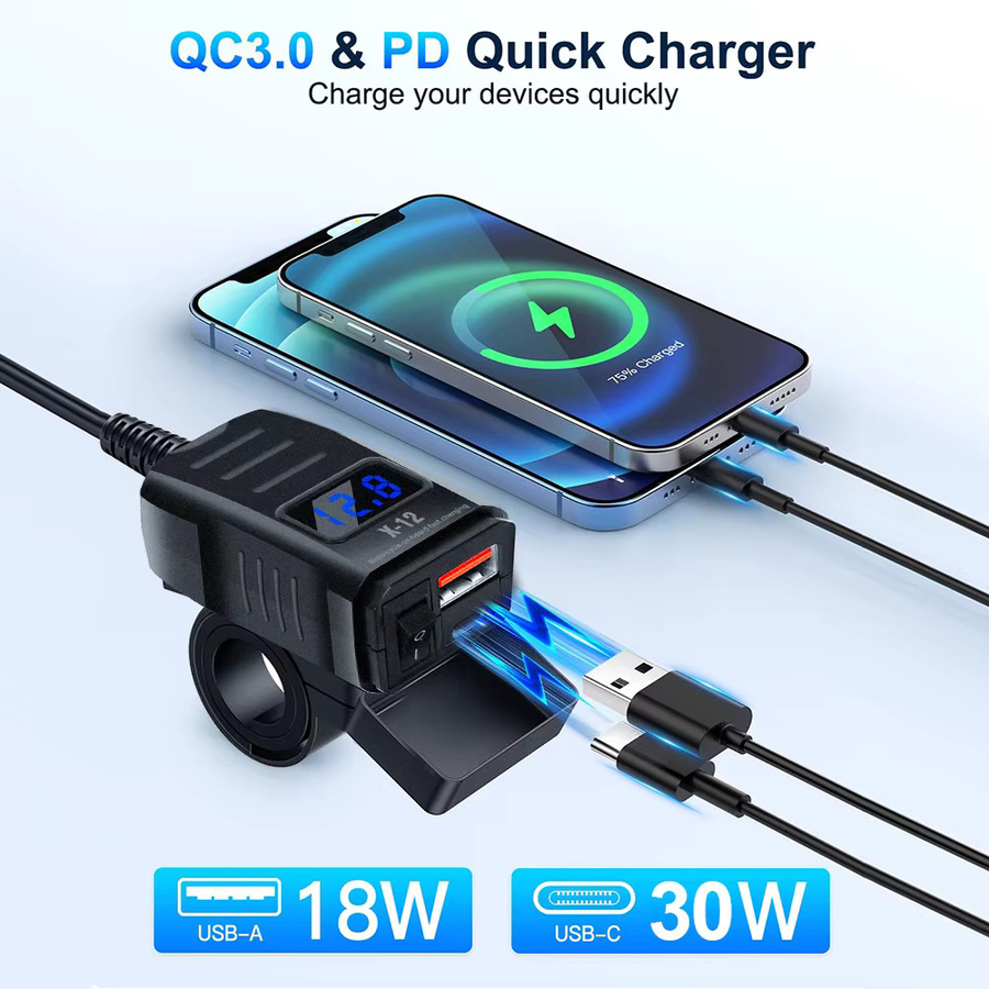PD QC3.0 Motorrad-USB-Ladegerät mit Dual-USB-Anschluss, Voltmeter und Schalter, wasserdichter 12V-Adapter in Schwarz für Telefon und GPS - Bild 3