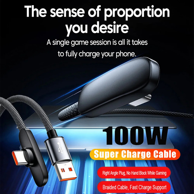 100W USB-C Schnellladekabel mit 90 Grad Winkel für Gaming und Mobiltelefone in Schwarz oder Weiß - Bild 1