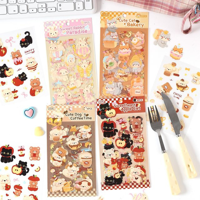 Wasserdichtes PET-Aufkleber-Set mit Tier-Teeparty-Motiv in Pink und Multicolour für Kinder und Journaling - Bild 1