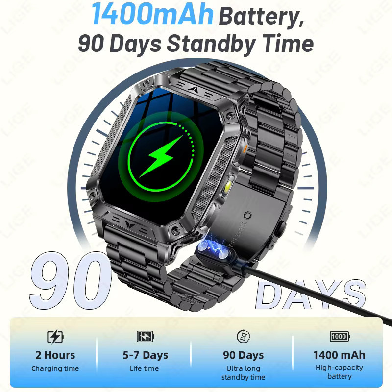 LIGE Militär Smartwatch für Männer mit 1400 mAh Akku, IP68 wasserdicht, taktische Sportuhr mit SOS-Funktion und Taschenlampe in Schwarz-Orange - Bild 5