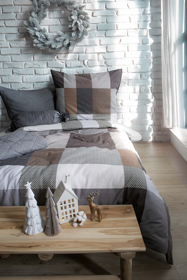 Fleuresse Aspen Biber Bettwäsche Karo Beige Grau Braun aus Baumwolle, B/H: 135 x 200 cm mit Kissenbezug 80 x 80 cm - Bild 1