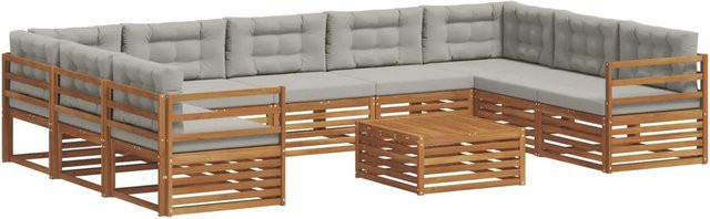 vidaXL Sofagarnitur 10-teilig aus Massivholz Akazie in Natur und Hellgrau mit Tisch und Polstern im U-Shape Design - Bild 1