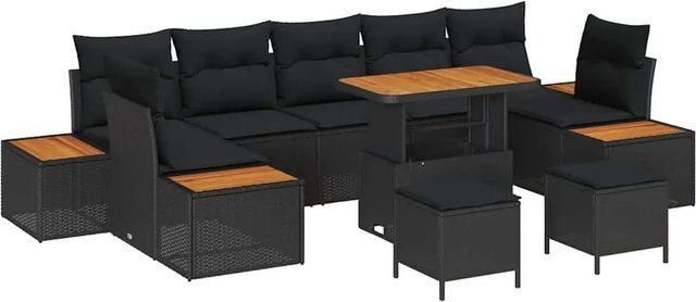 vidaXL Garten-Sofa-Set aus Poly Rattan und Stahl in Schwarz mit 10-teiligem Polster-Set und Tisch - Bild 1