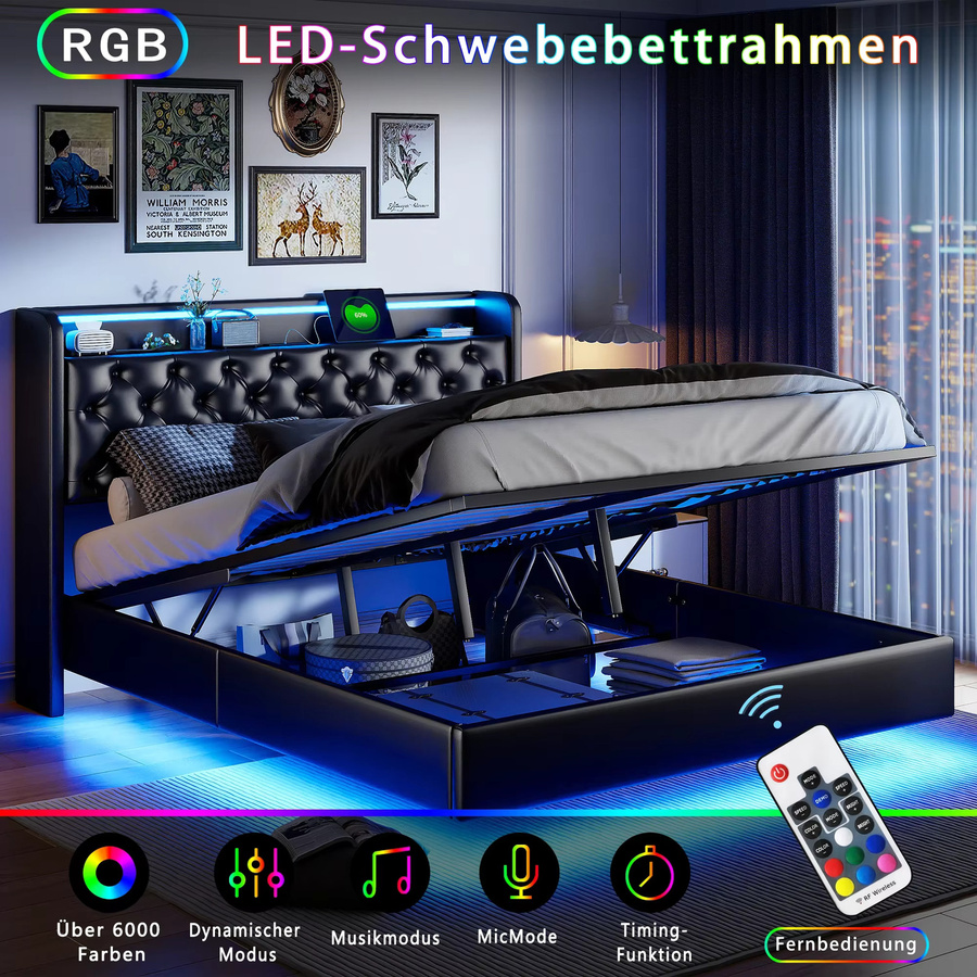 Rosahqnda Polsterbett in Schwarz mit LED-Beleuchtung, USB-Aufladung und Stauraum im Kopfteil, B/T/H: 140 x 200 cm - Bild 2