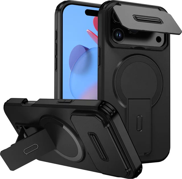 Stoßfeste Rüstung Handyhülle mit magnetischer Standabdeckung und Kameraschutz für iPhone 11 bis iPhone 17 Pro Max in Schwarz und Lila - Bild 1