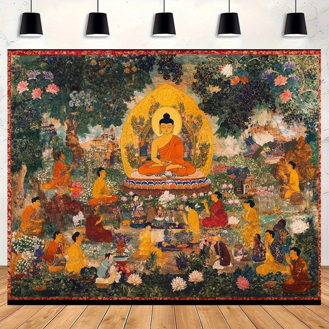 VIKAMA Tibetischer Buddhistischer Wandteppich mit goldenem Buddha Mandala in Gold und Multicolour - Bild 1