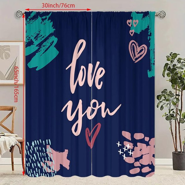 2er-Set Love You bedruckte Vorhänge aus Polyester in Blau, B: 60 cm, H: 150 cm - Bild 1