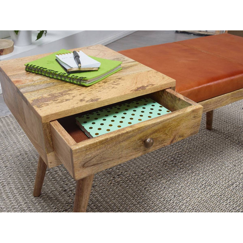 Wohnling Sitzbank aus Mango-Echtholz und Leder in Braun im Retro-Design, B/H/T: 100 x 52 x 38 cm - Bild 2