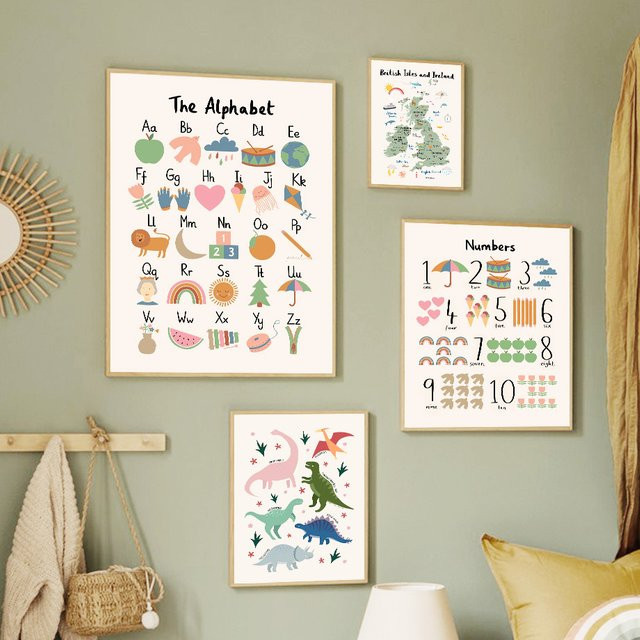Potdemiel Tierwelt-Karte als Leinwand-Wandkunst mit Dinosaurier-Alphabet und Zahlen in Mehrfarbig für dein Baby- und Kinderzimmer - Bild 1