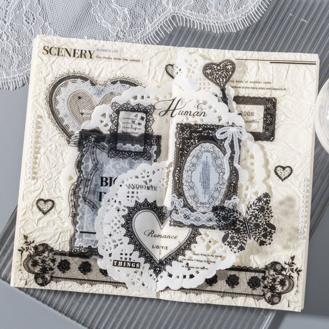 100 Blatt Spitzen-PET-Aufkleber Set in Schwarz und Weiß für DIY Journal-Dekorationen - Bild 1