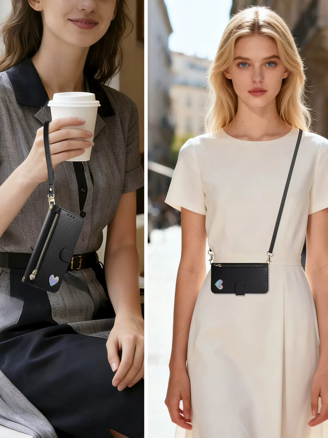 Samsung Crossbody Handgelenk-Tasche aus PU-Leder mit Reißverschluss und Kartenfächern für Galaxy S25 Plus, S24 FE, S23 Ultra und S22 in Schwarz - Bild 2