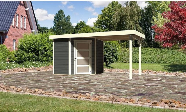 Karibu Gartenhaus Schwandorf aus Holz in Terragrau mit Flachdach und Anbaudach B/H/T: 433 x 218 x 217 cm - Bild 1
