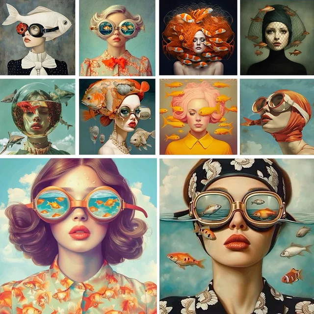 Potdemiel Surrealismus Wandkunst Leinwand Poster mit Frauenporträt und Fisch in Mehrfarbig - Bild 1