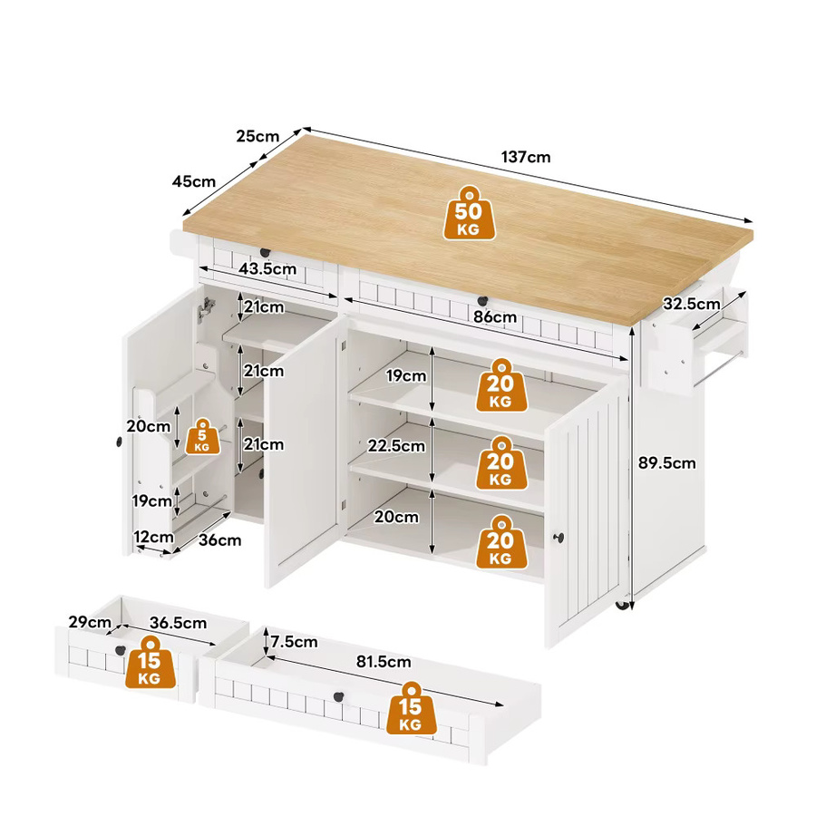 Ye Kücheninsel mit klappbarer Arbeitsplatte in Weiß, Küchenschrank mit Rollen, Schubladen und Regalfächern, B/T/H: 137 x 89,5 x 45 cm - Bild 2