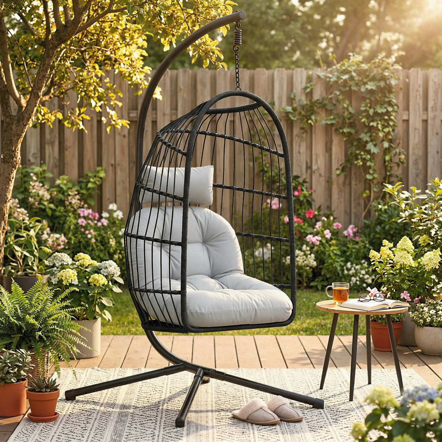 Outsunny Korbhängesessel aus Polyrattan mit Gestell und Kissen, hellgrau, B/H/T: 101 x 196 x 105 cm - Bild 2