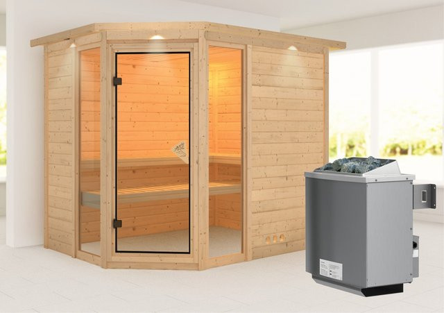 Karibu Sauna Sanna 3 aus Fichtenholz mit Edelstahlofen und integrierter Steuerung, Farbe Braun, B/T: 236 x 184 cm - Bild 1