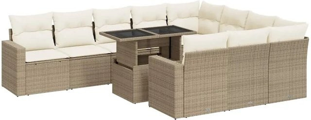 vidaXL 11-teilige Garten-Sofagarnitur in L-Form aus Poly-Rattan mit Kissen in Beige-Creme - Bild 1