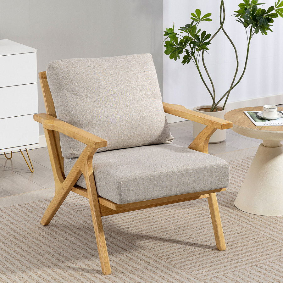 HOMCOM Wohnzimmersessel im skandinavischen Design mit Leinenoptik und Beinen aus Hevea-Holz, beige - Bild 2