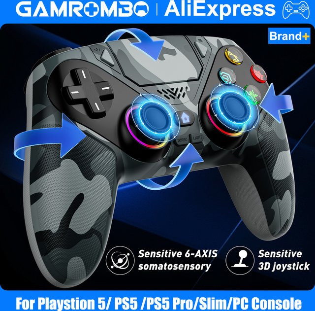 GAMROMBO Kabelloser RGB Controller mit Bluetooth und Turbo-Funktion für PlayStation 5, PS5 Pro, Slim und PC, Weiß/Mehrfarbig, mit 3,5-mm-Audioanschluss - Bild 1