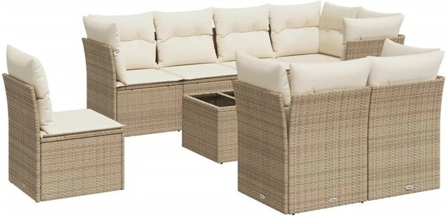 vidaXL 9-teilige Garten-Sofagarnitur aus Poly-Rattan in Beige mit Kissen und Stauraum - Bild 1
