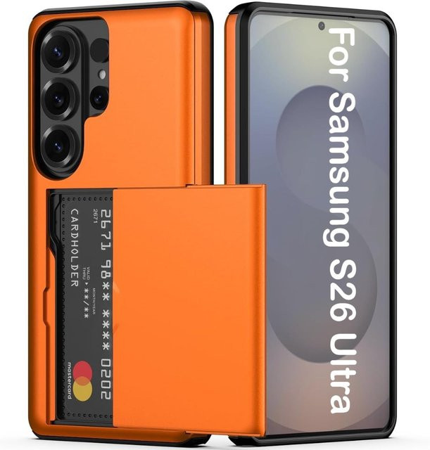 Robuste Doppelschicht-Schutzhülle mit Kartenhalter und verstecktem Kartenfach für Samsung Galaxy S26 Ultra S25 Edge S24 Plus FE Ultra in Grün und Orange - Bild 1