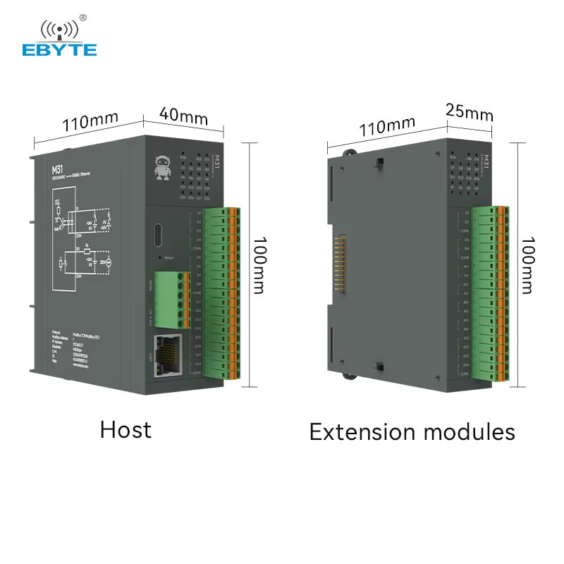 CDEBYTE Remote IO Modbus Distributed IO M31-AFAX4440G-U mit DI/DO/AO/AI, RS485, RJ45 Ethernet/LAN und Erweiterungsmodul, Grau - Bild 2