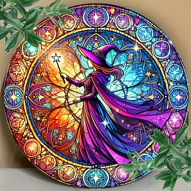 Potdemiel Halloween Hexe Wandkunst aus Metall im Buntglas-Stil, Mehrfarbig, B/H: 20,3 x 20,3 cm - Bild 1