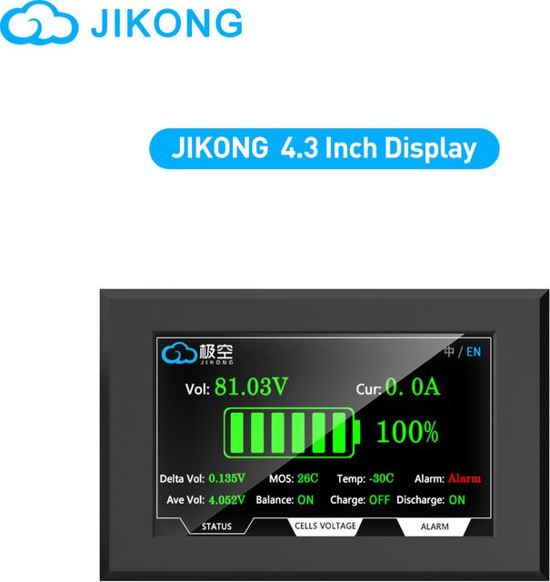Jikong Smart BMS 4,3 Zoll LCD-Bildschirm mit TFT-Touchscreen zur Anzeige von Spannung, Strom, SoC und Temperatur in Schwarz, B: 88,5 mm, H: 135,9 mm - Bild 1