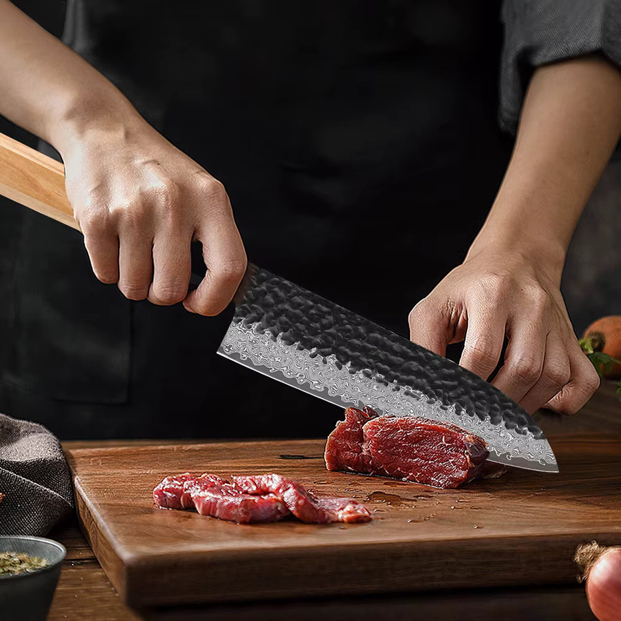 HUAYIGRAND Santoku-Messer aus 67-lagigem Damaststahl, handgefertigtes japanisches Kochmesser mit Holzgriff, Mehrfarbig, Länge: 17,8 cm - Bild 3