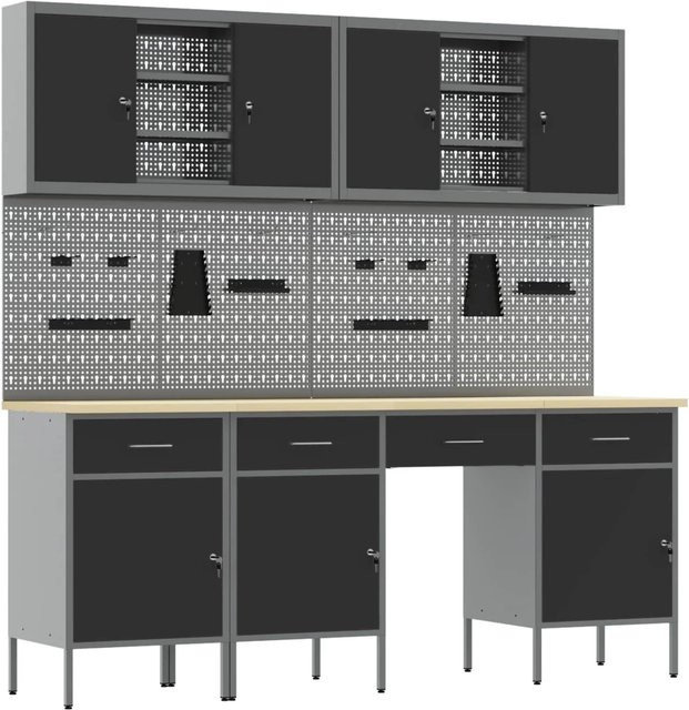 vidaXL Werkbank mit Speicher und Pegboard aus Holz und Stahl, Schwarz, B: 200 cm, H: 58 cm, T: 55 cm - Bild 1