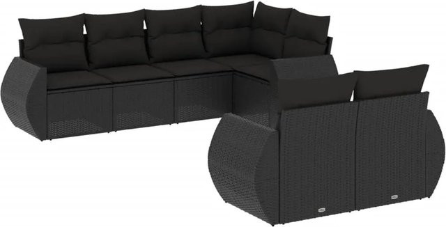 vidaXL 7-teilige Garten-Sofagarnitur in L-Form aus schwarzem Poly-Rattan mit Sitzkissen und Rückenkissen - Bild 1