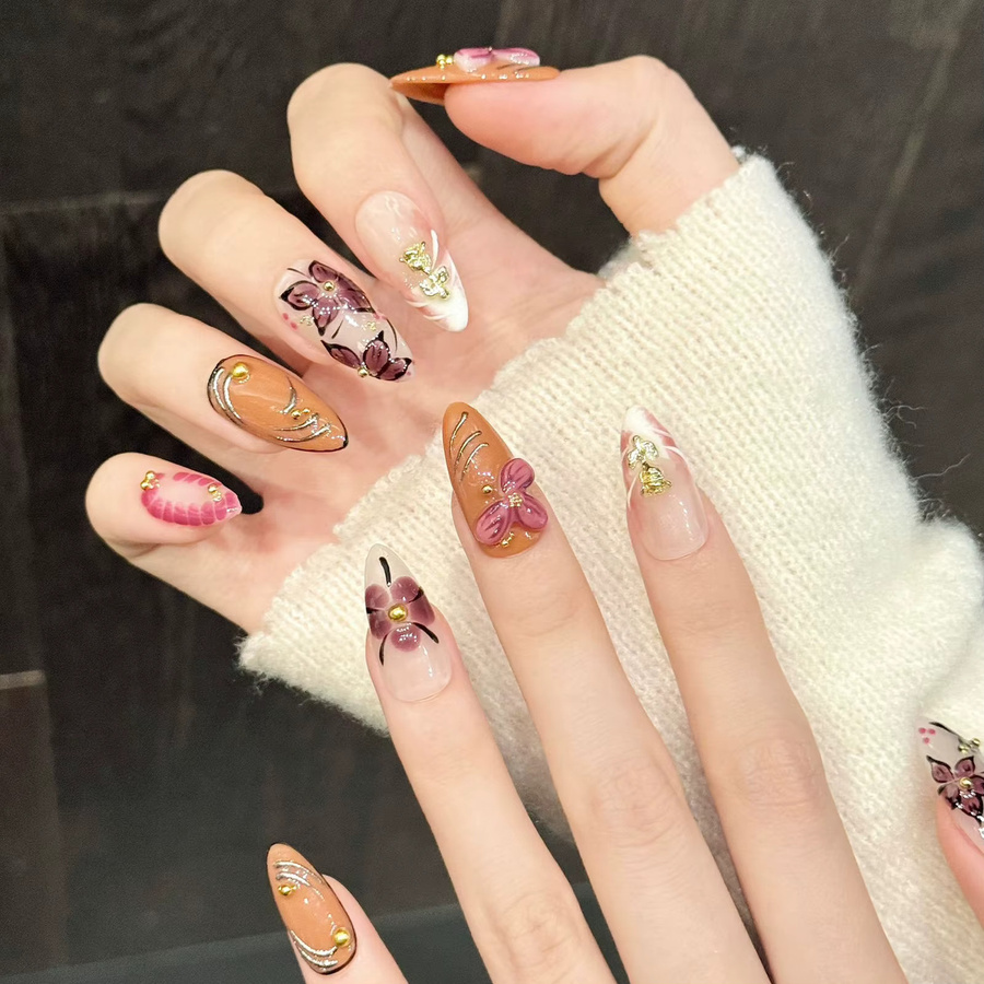 YADORNOS Press on Nails, 10 Stück, Mandel, 3D-Blüten, Glänzend, Damen - Bild 4