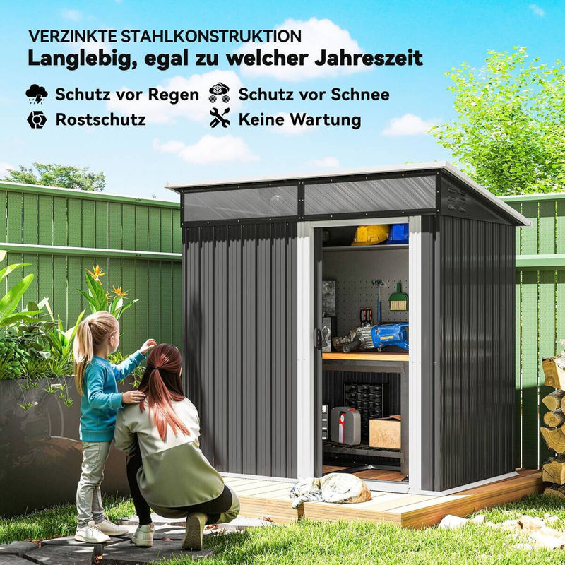 Outsunny Metall Gerätehaus aus verzinktem Stahl mit Pultdach und Fenster in Dunkelgrau, B/T/H: 195 x 122 x 182 cm - Bild 4