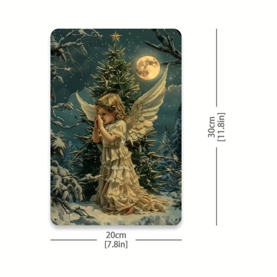 HELLOYOUNG Vintage-Engel-Metallblechschild mit Schneeszene als rustikale Weihnachts-Wanddekoration, B/H: 20,3 x 30,5 cm, Mehrfarbig - Bild 2
