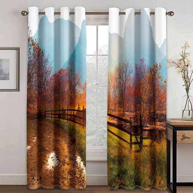 Dekorative 3D Herbstwald Vorhänge mit gelber Waldlandschaft, 2er-Set aus Polyester, Farbe: Gelb/Mehrfarbig, B: 70 cm, H: 245 cm - Bild 1
