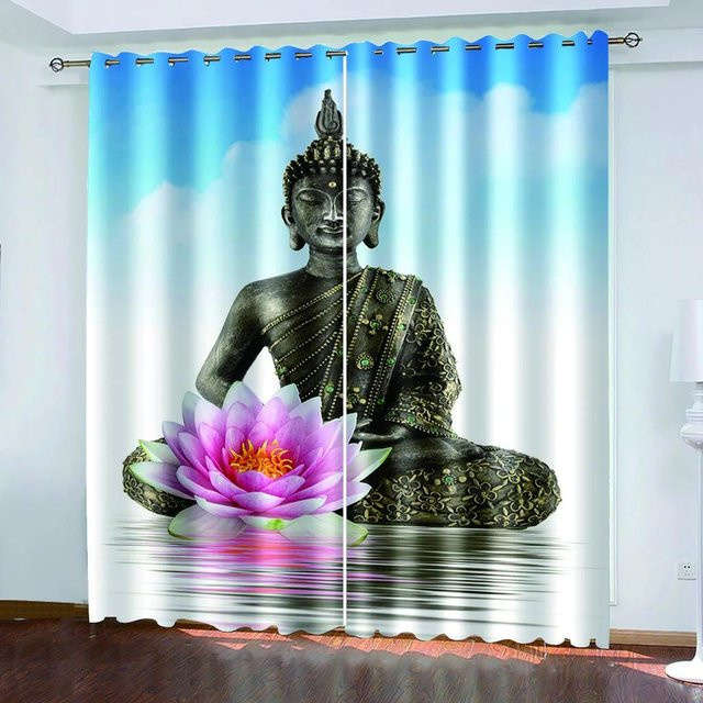 Yiran Furniture Lotus Zen Buddha Vorhänge mit 3D-Druck, 2er-Set, halbtransparent, bunt, B: 50 cm, H: 160 cm - Bild 1