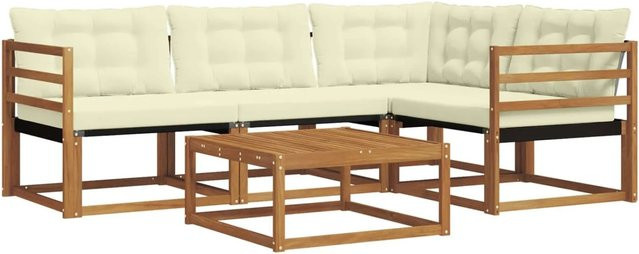 vidaXL Outdoor-Sofagarnitur L-Form aus Akazienholz mit Textilene und Kissen in Natur und Creme - Bild 1