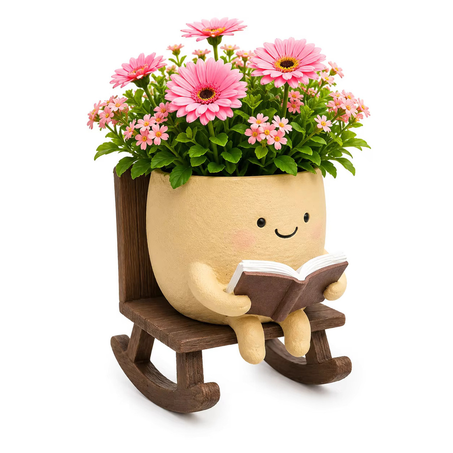 Niedlicher Lächelnder Lesender Harz-Blumentopf in Beige und Braun als 3-in-1 Sukkulenten-Pflanzgefäß und Stifthalter mit Drainageloch - Bild 5